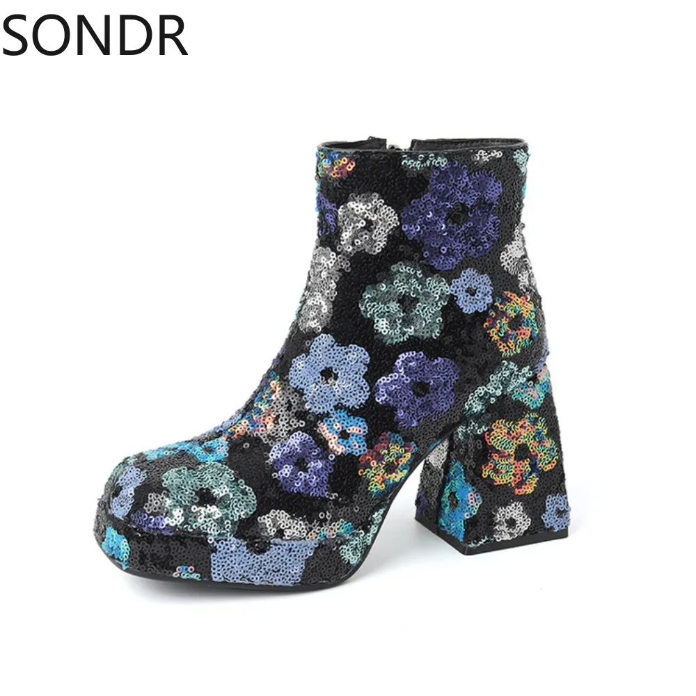 

Womens Platform Sequins Bling Floral Ankle Boots Chunky High Heel Mixed Colors Shoes Side Zipper Plus Size New 2024