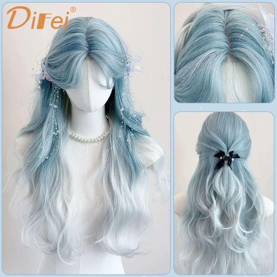 DIFEI Synthetic Wig Female Glacier Blue Gradient Light Gray Long Hair Lolita Hand-woven Lace Wool Long Curly Hair Cos Party Wig