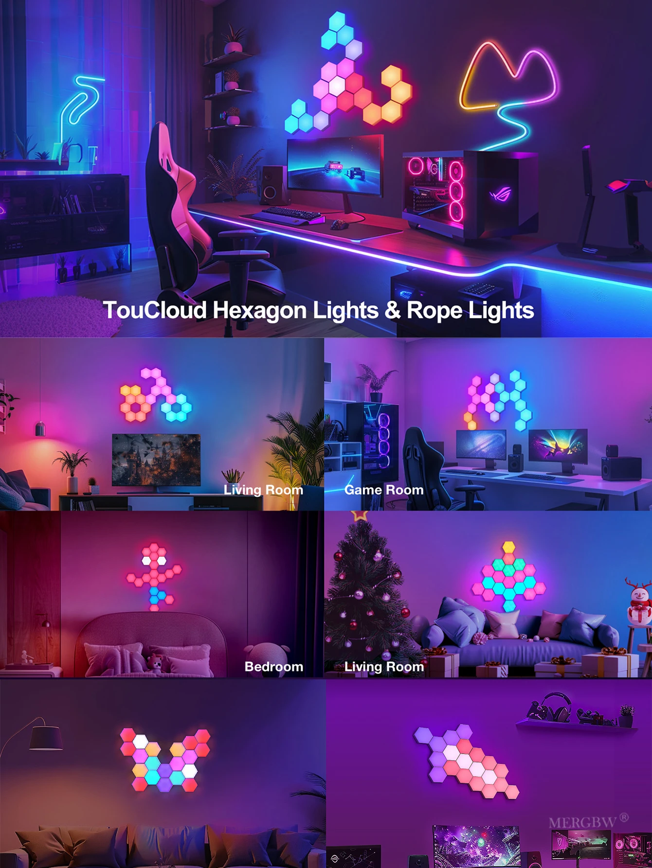RGB Intelligent Hexagonal Wall Lamp Color Changing Ambient Night Light Hexagona Shape MeRGBW APP DIY Music Sync Game Room Home
