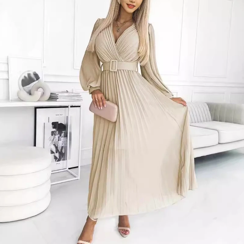 Autumn Temperament Commute Slim Dress Elegant V Neck High Waist Long Party Dress Women Solid Color Vacation Pleat Chiffon Dress