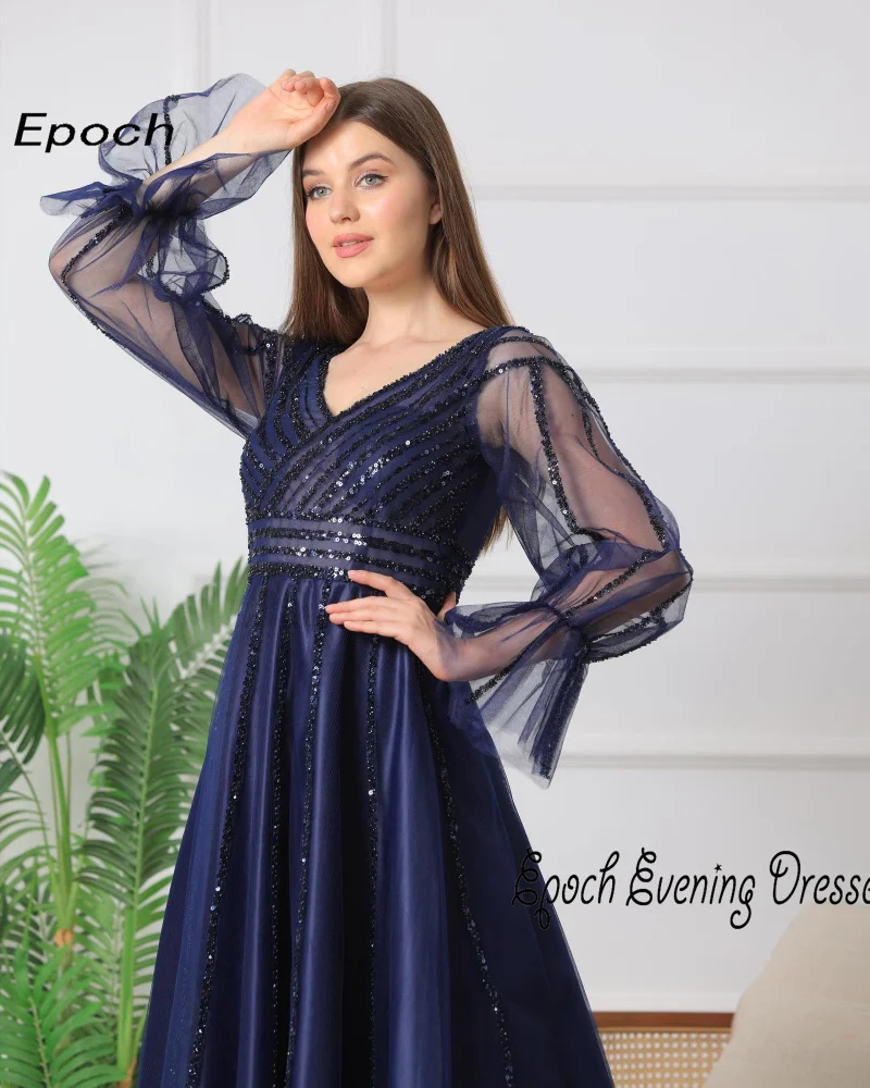 Epoch Evening Dress Elegant A-Line Shiny Sequined Lace Sleeve V-Neck Custom Made Sexy Cocktail Navy Blue Prom Gown Women 2024