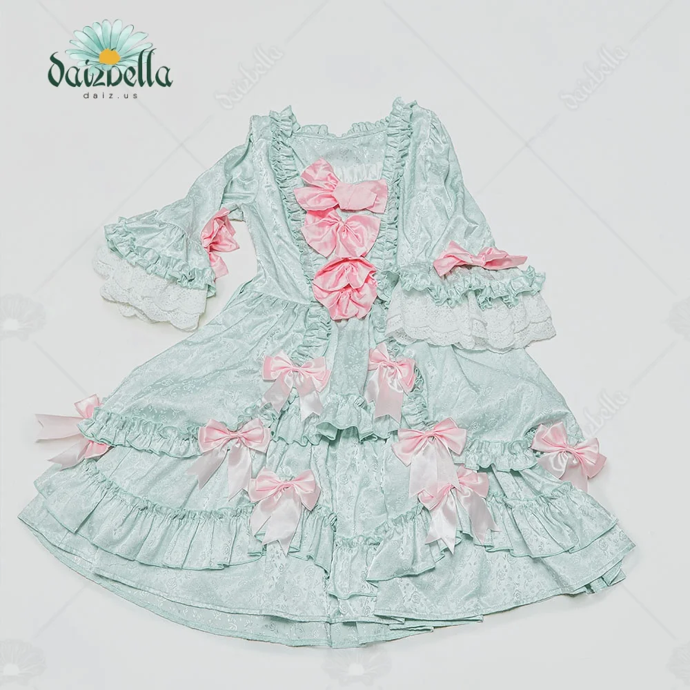 US Stock DAIZBELLA Women's Pompadour Style Mini Dress in Blue Satin Rococo Inspired Vintage Dress​ with Pink Bow Decorations view 6