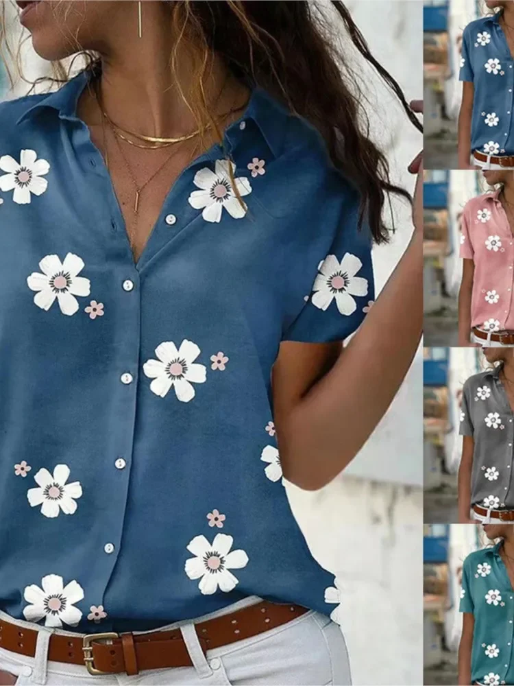 Camisa con botones cómoda e informal holgada con cuello de manga corta y estampado de flores a la moda adelgazante para primavera y verano para mujer