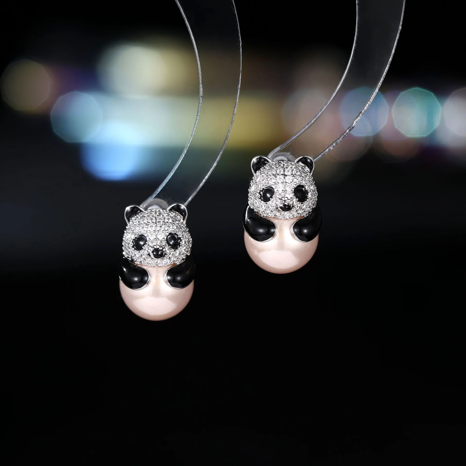 Cute micro-paved zircon panda pearl earrings s925 silver needle niche high-end light luxury earrings accessories for women