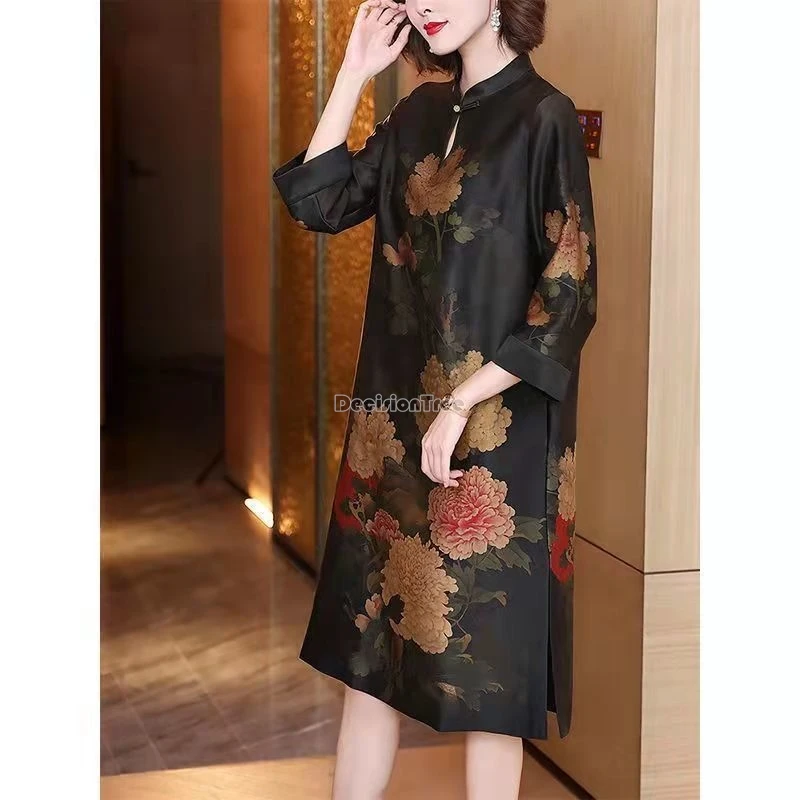 2024  chinese style disc buckle loose style printed cheongsam dress women spring stand collar retro daily long qipao skirt w300