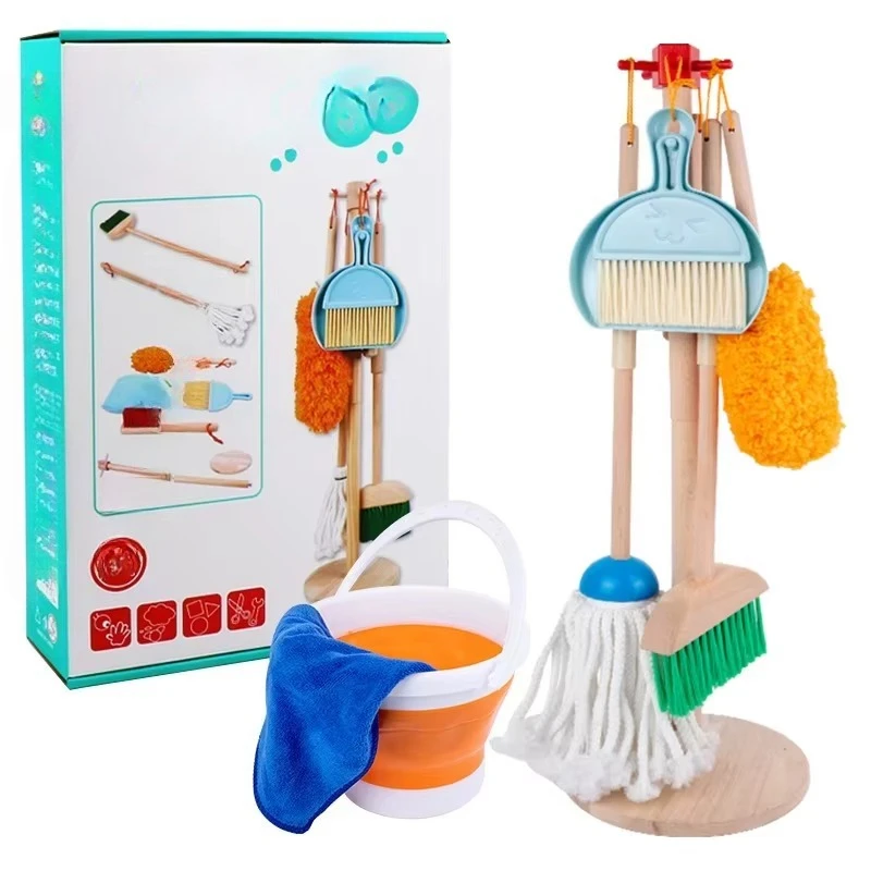 

Children's educational pretend play toy kit Wooden simulated broom and mop for housekeeping and household cleaning role play
