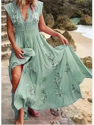 Elegant V-neck Sleeveless Waist Dress For Women Fashion Spring Summer Casual Flower Printing Beach Bohemian Slit Dresses Female