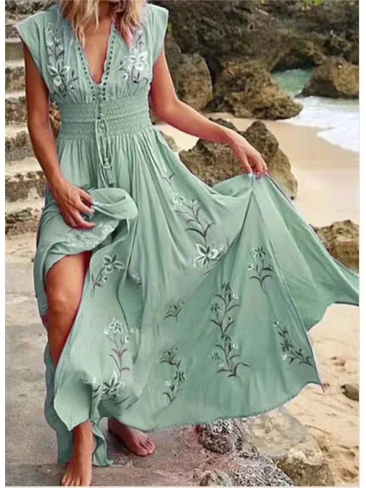 Elegancka sukienka bez rękawów z dekoltem w szpic dla kobiet Moda Wiosna Lato Casual Flower Printing Beach Bohemian Slit Dresses Female