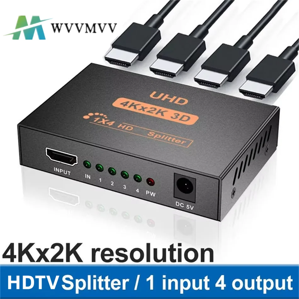 1 × 4 محول فاصل متوافق مع HDMI 1 في 4 خارج HD 1.4 مضخم صوت HDCP 4K/1080P شاشة مزدوجة لـ HDTV DVD PS3 Xbox