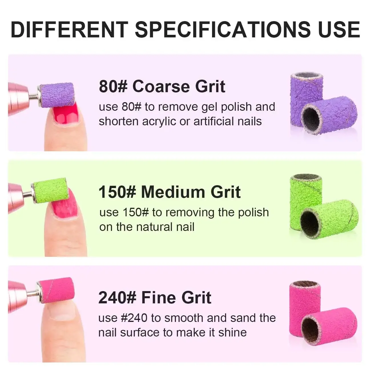 Nail Sanding Bands for Nail Drill #80#150#240 Grits 50 Pcs Colorful Coarse Fine Nail Sanding Caps 1Pcs 3/32\