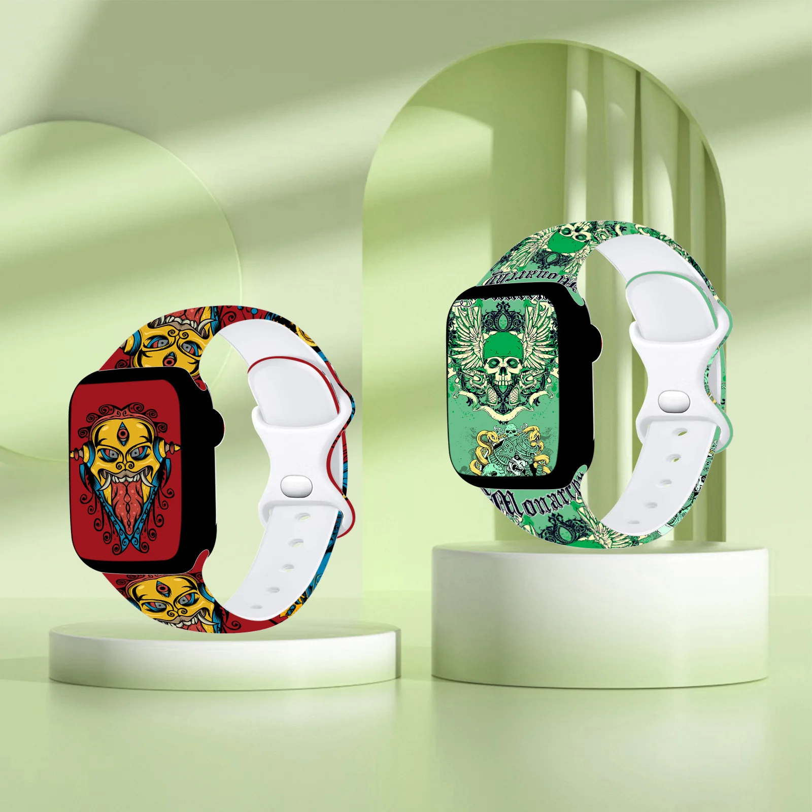 Blackened Skull Printed Strap for Apple Watch 10 9 8 Silicone Band Replaceable Bracelet for iWatch 46mm 44mm 42mm 41mm Watchband