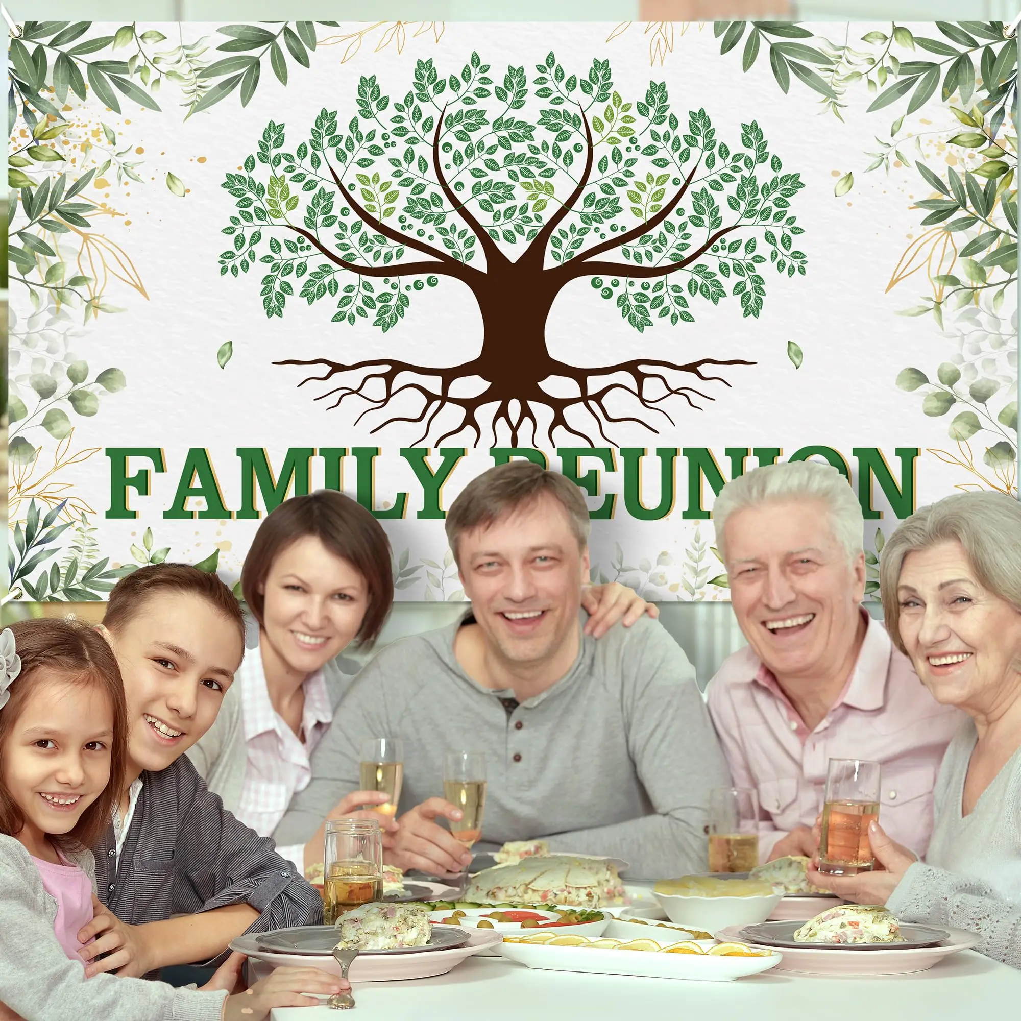 Bannière de toile de fond de réunion de famille d'usine de nappe, feuilles d'arbre généalogique, bienvenue à nos membres de famille, fond de photographie