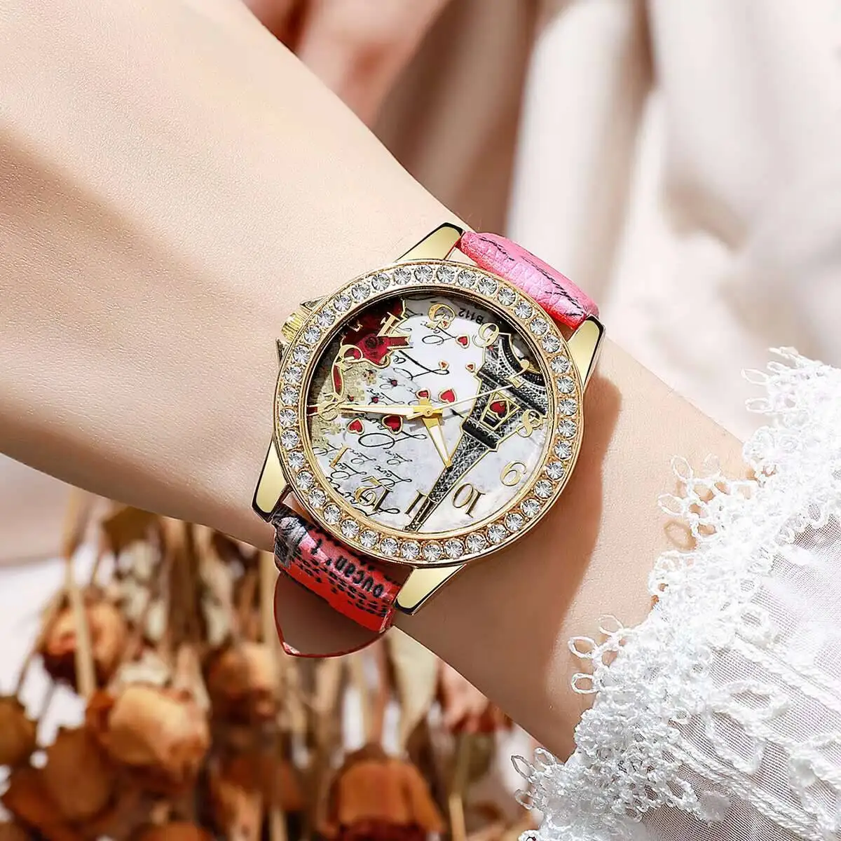 Fashion Flowers Women Watches Casual Leather Strap Analog Quartz Watch Reloj Mujer Girls Clock Gift