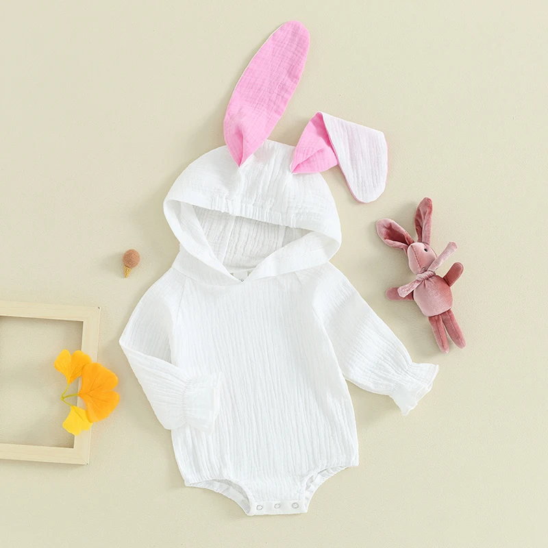 Adorable Newborn Easter Bunny Hooded Romper with Cute Ears and Long Sleeves for Infant Boys and Girls