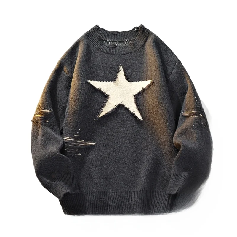 

Мужской утепленный свитер свободного кроя с круглым вырезом, зимний повседневный, с флисовой подкладкой, высококачественный трикотаж с дизайнерскими вырезами