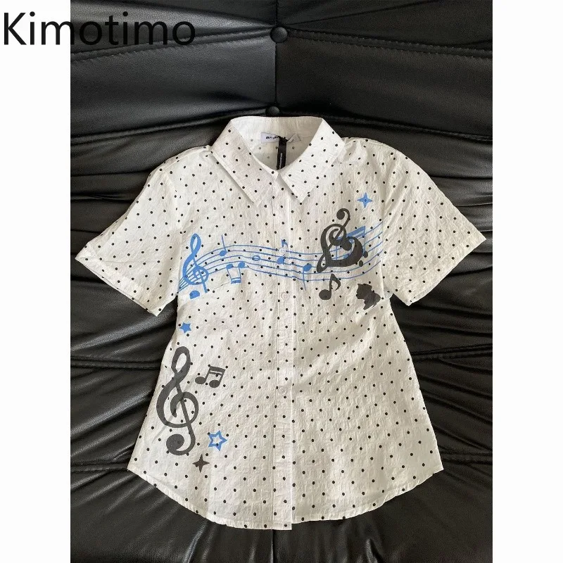 Kimotimo-Blusa con estampado gráfico de notas musicales para mujer, camisa blanca de manga corta con botones, camisa de lunares Harajuku Y2K Kawaii, Top Vintage bonito