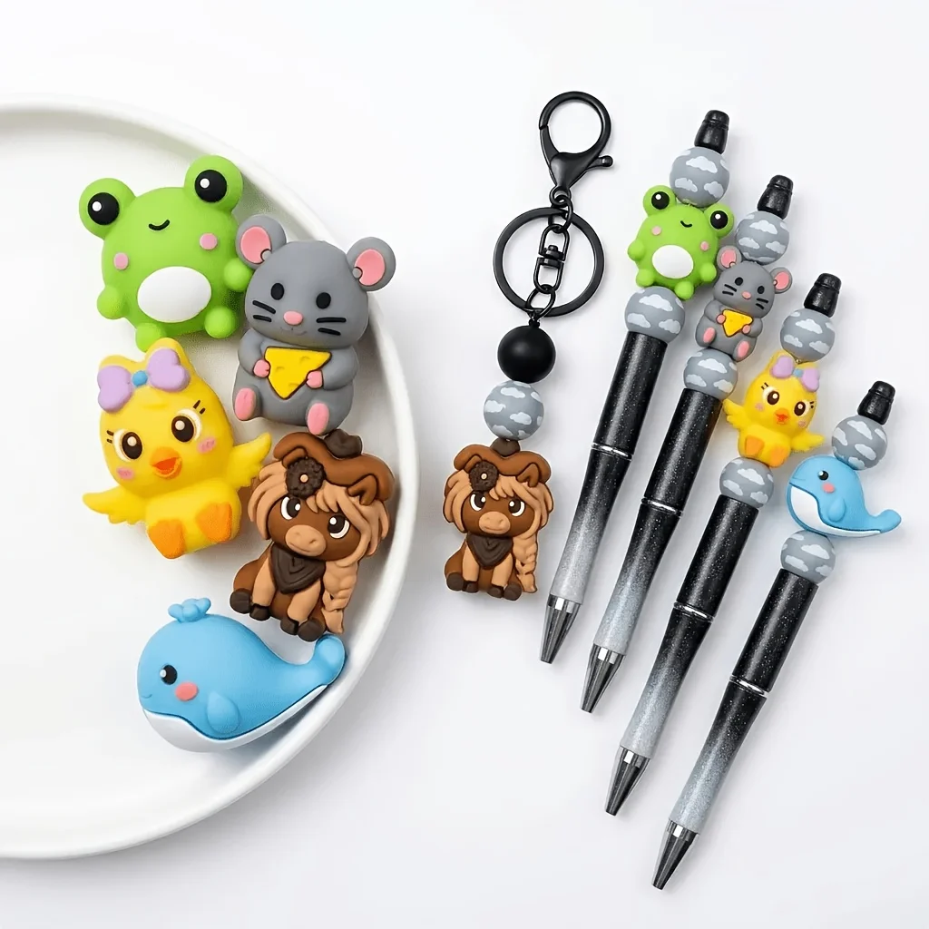5Pcs Cartoon Animal Silicone Focal Beads Set, Frog Mouse Chick Calf Whale DIY Beads for Pen Bracelet Necklace Craft
