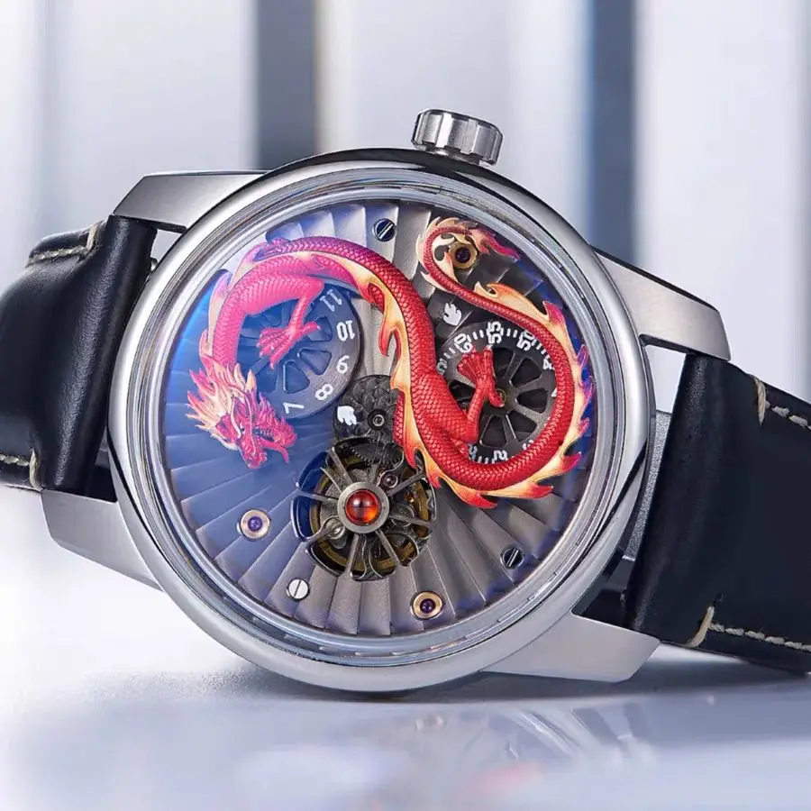 

OBLVLO Мужские автоматические часы 45 мм Механические наручные часы Светящиеся 50 м Водонепроницаемые скелетон Дракон Циферблат Сапфировое зеркало