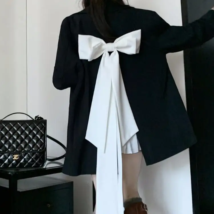 Girls Bow New Thin Black Blazer Women's Spring and Autumn Loose Medium and Long High-end Small Suit