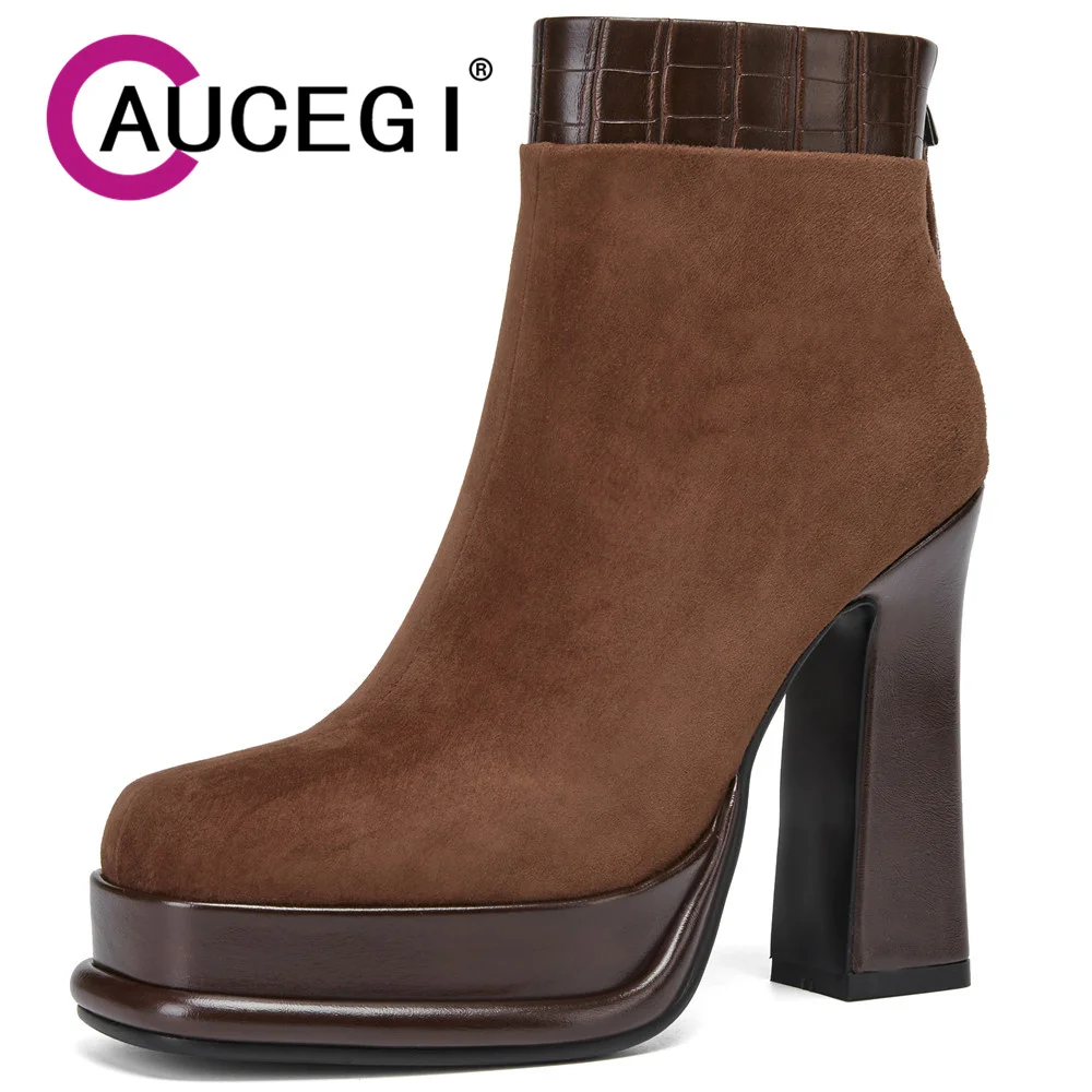 

Aucegi Hot Sale Suede Autumn Winter Women Ankle Boots Block Platform Chunky High Heels Square Toe Back Zipper Dress Party Shoes