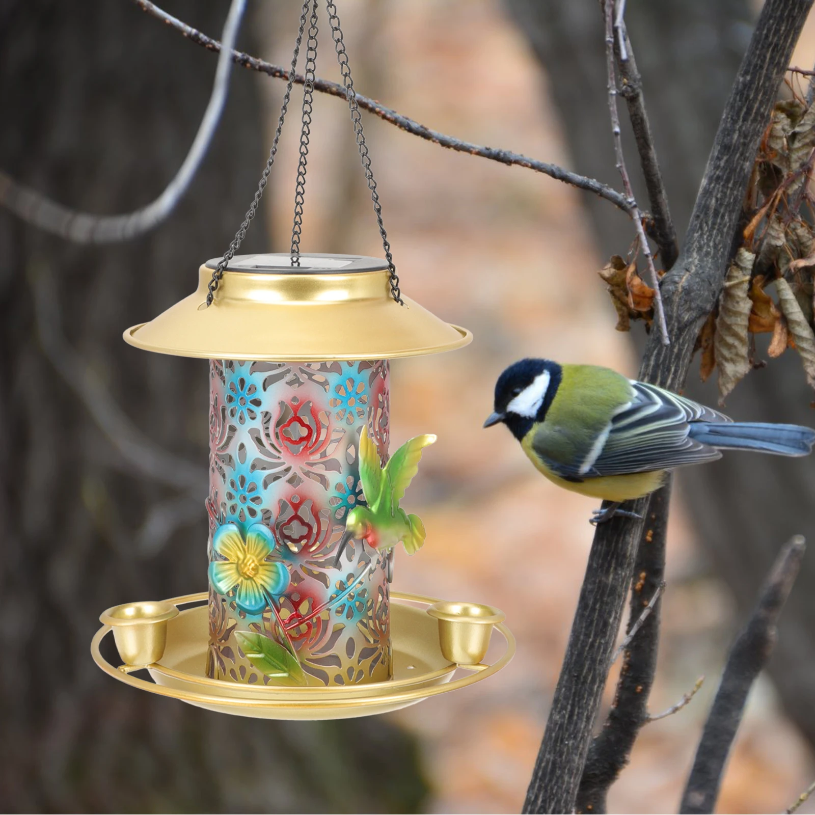 

Solar Powered Bird Feeder Water Feeders Unique Hanging Outdoor Hummingbird Decorative Nickel Metal Durable Garden Balcony Yard