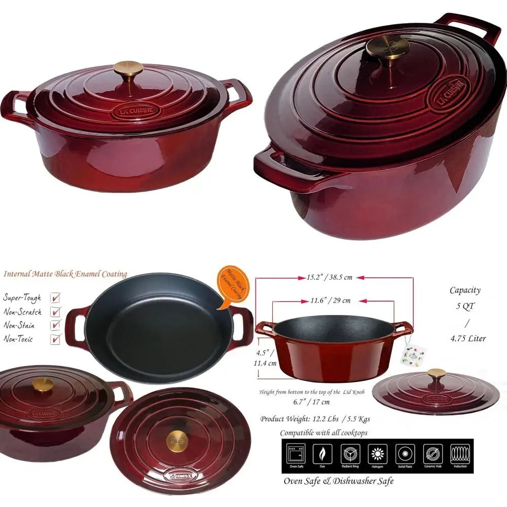 

Enameled Cast Iron Oval Dutch Oven with Matte Black Interior and Cranberry Lid, 5 Quart Capacity, Ideal for Baking and Slow Cook