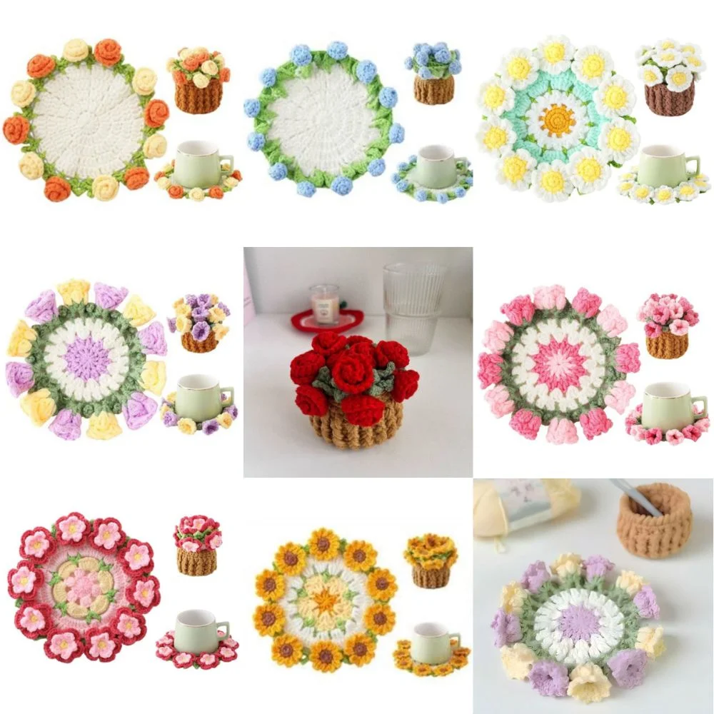 Handwoven Flower Bouquet Coasters Heat Resistant Flower Pot Rose Placemat Mini Cute Coffee Table Cupmat Office Decor
