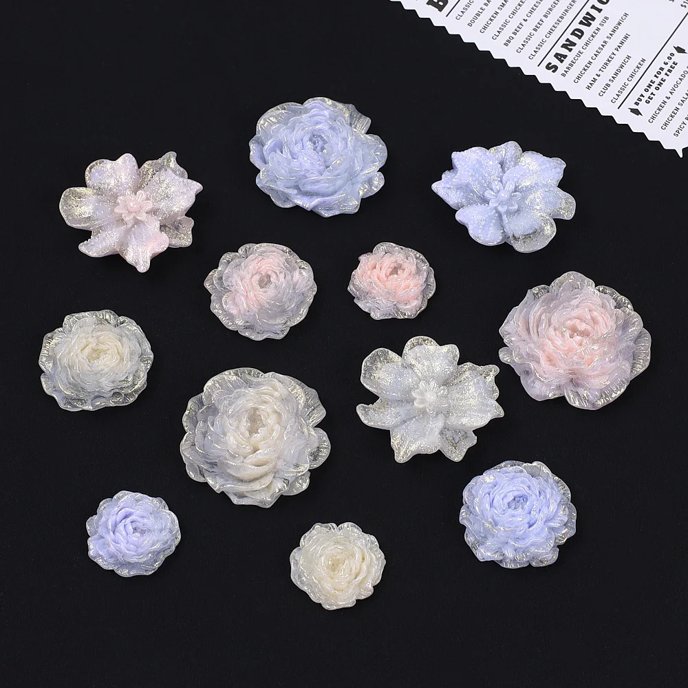 WFFNNKC 6Pcs Shimmer Glitter Flower flatbacks Resin Charms for DIY Phone Case Hair Clip Scrapbooking Jewelry Making Accessories