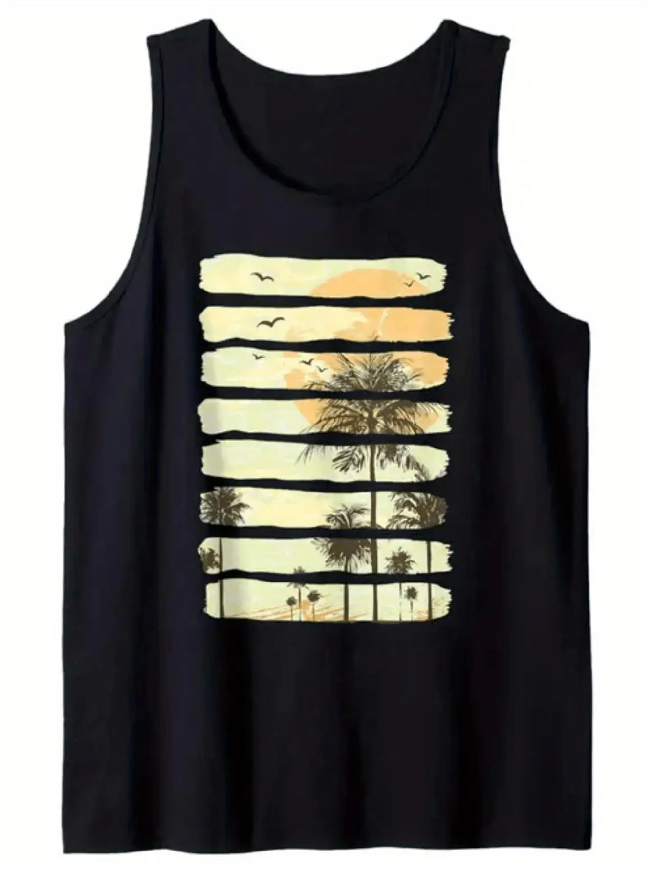 

Men's classic black tropical palm tree print sleeveless vest - similar to a Hawaiian shirt with a button-front jacket design