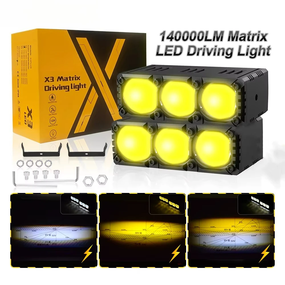 

X3Plus 140W LED фары для мотоциклов, противотуманные фары с автоматическим вентиляторным охлаждением, 3 линзы, двухцветные, подходят для автомобилей, грузовиков, внедорожников, UTV