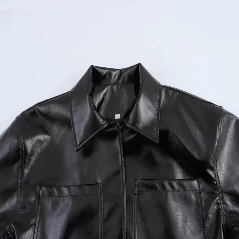 ฤดูใบไม้ร่วงฤดูหนาวใหม่มาถึงผู้หญิงลําลองยาว Sve Stand Collar หนัง Faux Jaet Jacket ตรงตัดอเนกประสงค์ Sle