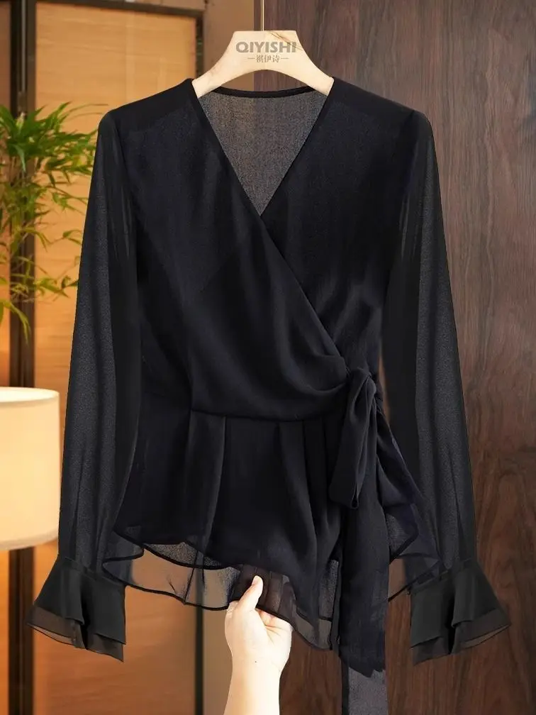 

French V-neck Ruffled Shirts Lace Up Waist Korean Chic Blusas De Mujer Black Chiffon Shirts & Blouses Camisas 2025 New