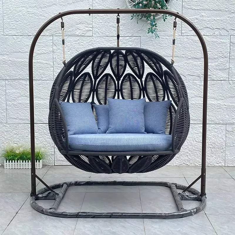 Double Person Egg Shaped Swing Chair Aluminum Stand Hand Woven PE Rope Hanging Basket Modern Minimalist Outdoor Furniture