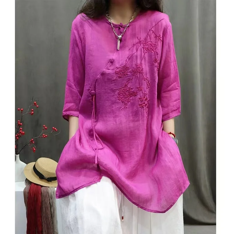Sli Loose Cotton Linen irt with Embroidery Heavy Work Summer New Arrival Retro Button Design Slimming Casual Top
