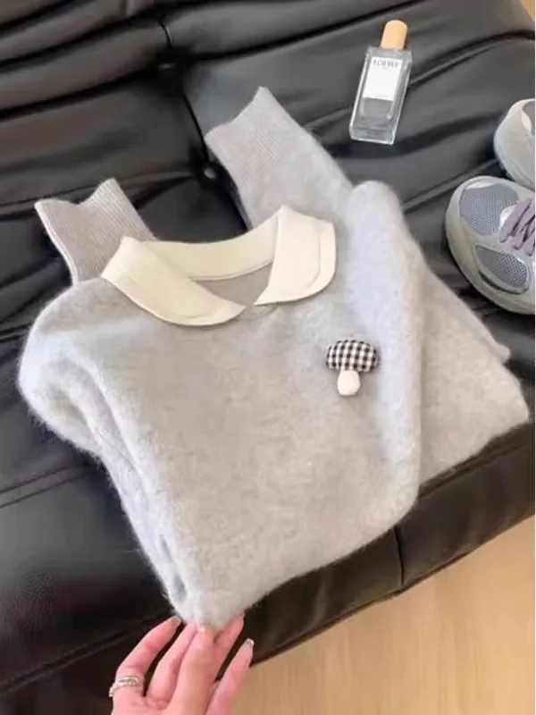 Chic Sweet Sle Puppe Kragen Pullover frauen Lose Fit Gestrickte Top Faionable Herbst Winter Neue Ankunft Warme Baumwolle Mischung
