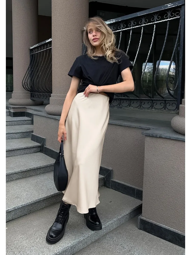 กระโปรงผ้าซาตินเนื้อนุ่มสำหรับผู้หญิง สีพื้น เอวสูง ทรงเอ พลีท ความยาวปานกลาง สไตล์ฝรั่งเศส เหมาะสำหรับใส่ทำงาน