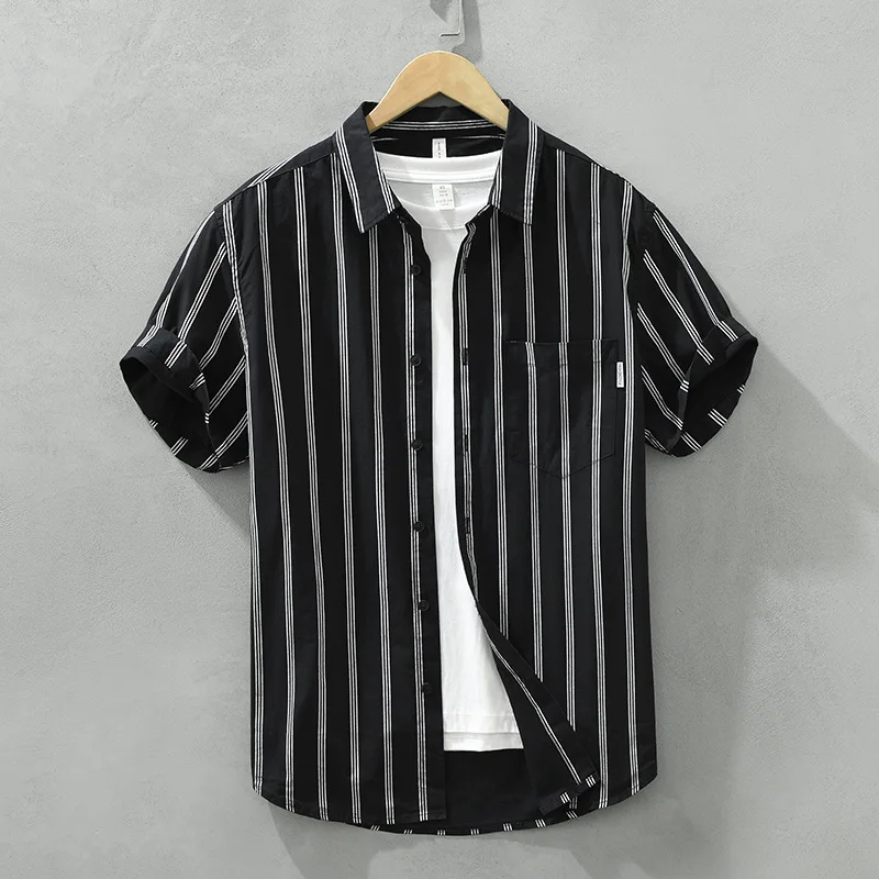 

Japanese striped short-sleeved shirt men's Hong Kong style loose literary trend all-match casual short-sleeved shirt