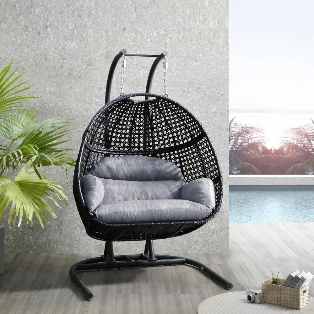 2 Person Hanging Egg Chair with Stand for Outdoor, Patio Rattan Wicker Double Egg Swing Chairs Hammock Chair with Cushion and