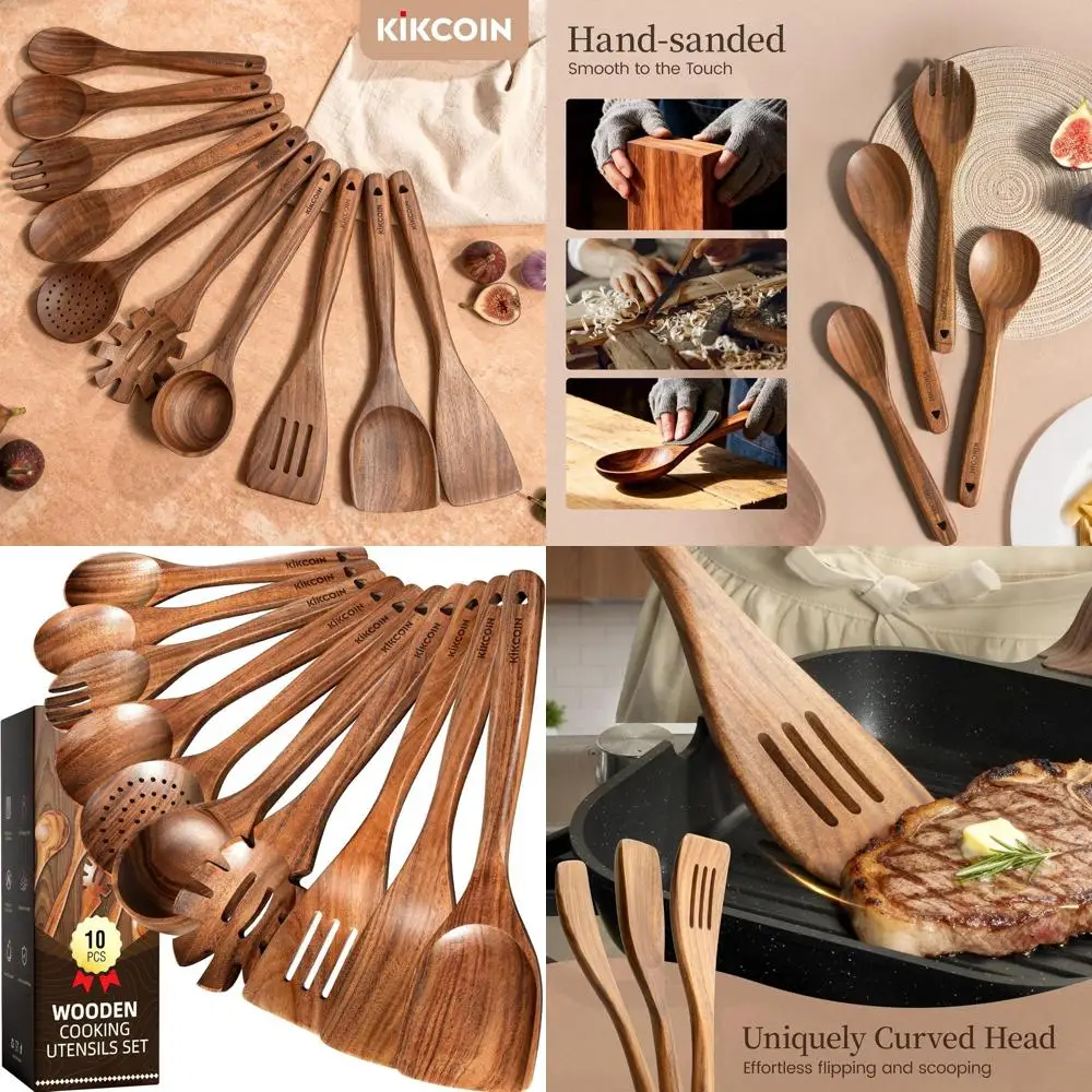 

10-Piece Teak Wood Cooking Utensil Set with Heat-Resistant Long Handles for Non-stick Pans and Hanging Feature