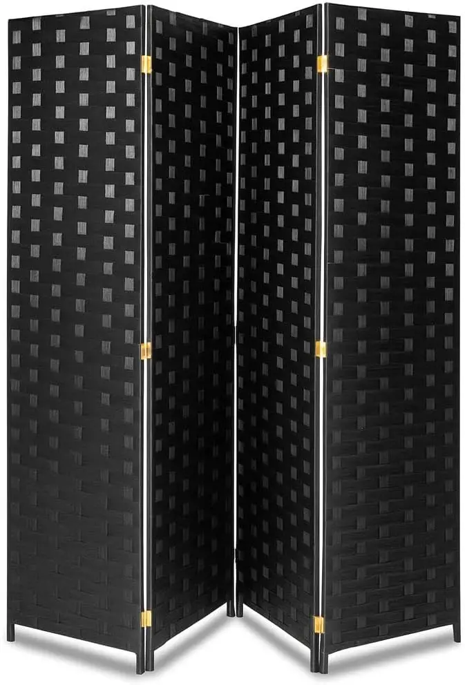 4-Panel Folding Room Divider with Woven Fiber Privacy Screen, Portable Lightweight Partition for Room Separation, Decorative Divider for Living Room, Office, Porch, Dressing Area, 71 x 18 Inches