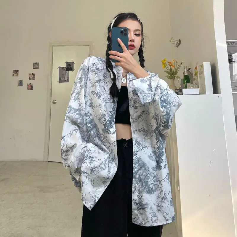 

Ladies Summer New Style Korean Version INS Retro Ink Painting Long Sleeve Shirt Loose White Casual Fashion Trendy Top
