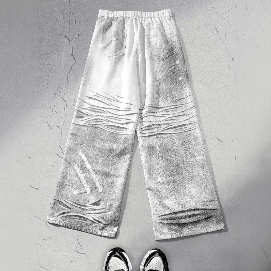 European American Fashion Men's White Printed Loose Casual Trendy Simple Basic Daily Wide Leg Straight Printed Denim Trousers