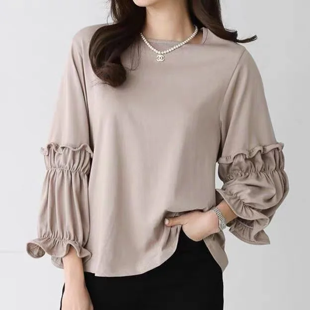 

Korean Ruffle Edge Decoration Round Neck Long Sleeve Design Casual Versatile Women's T-shirt