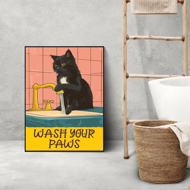 Cute Wash Paws Cat Canvas Print Kawaii Washroom Bathroom Nursery Wall Art Poster Modern Living Room Bedroom Home Decoration