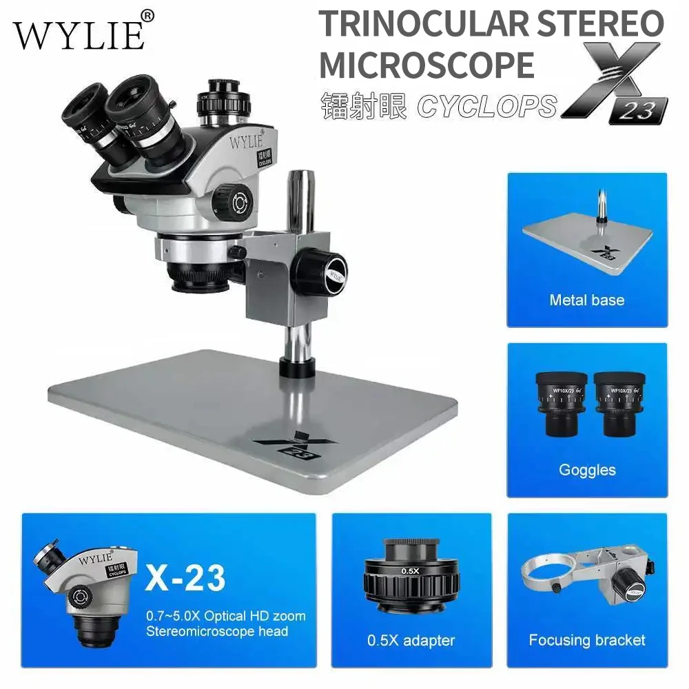 WYLIE X23 HD microscopio Stereo con Zoom trinoculare X40 X80 fotocamera Laser adatta per strumento per microscopio di manutenzione PCB BGA della