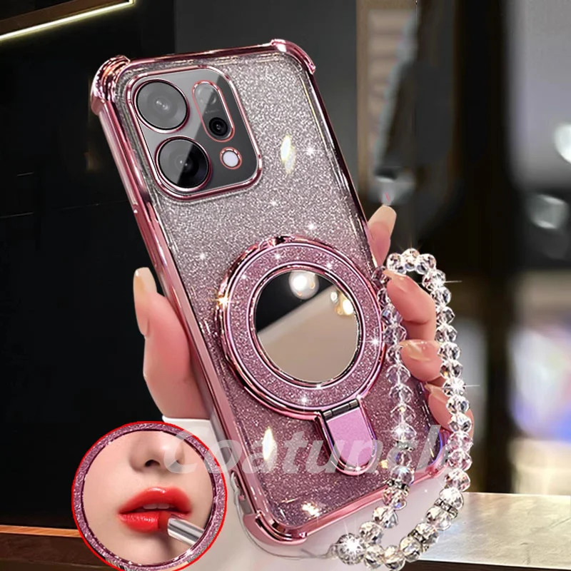 For OPPO Reno 14 Reno13 Reno 13 12 11 F Pro 13F 12F 11F Case Glitter Plating Mirror Magnetic Bracket Phone Holder Bracelet Cover