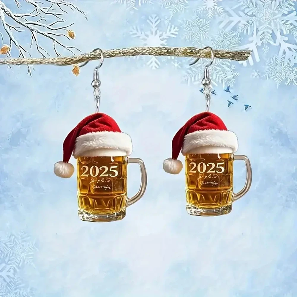 2025 Christmas Hat Beer Mug Drop Earrings Acrylic Earrings New Year Niche Design Women Jewelry Accessories Gift