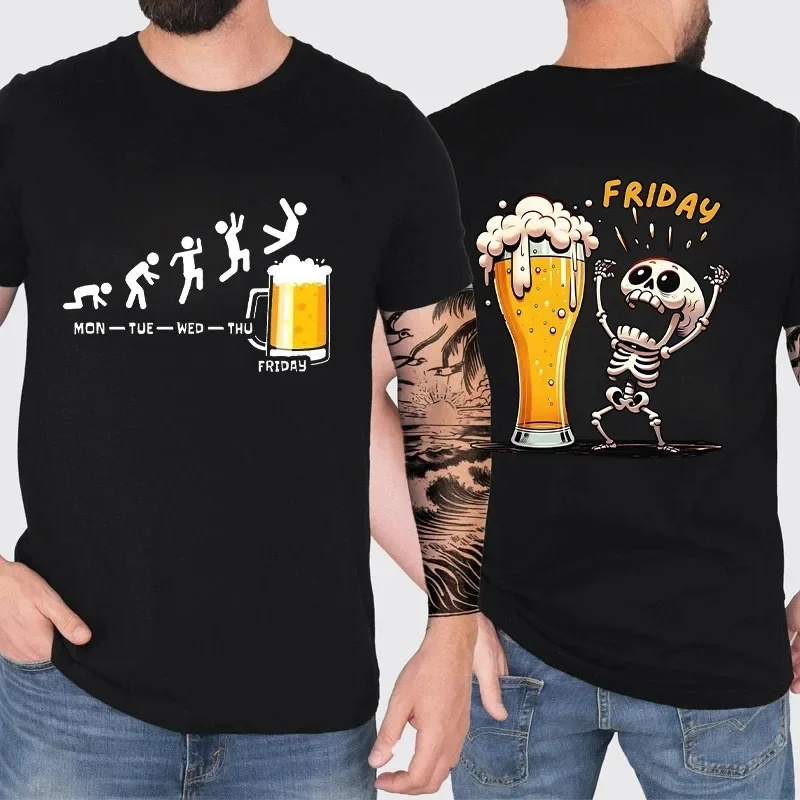 Camiseta divertida para hombre con estampado de esqueleto disfrutando del Día de la Cerveza de Viernes, camiseta para amantes de las bebidas, moda masculina, camisetas de manga corta