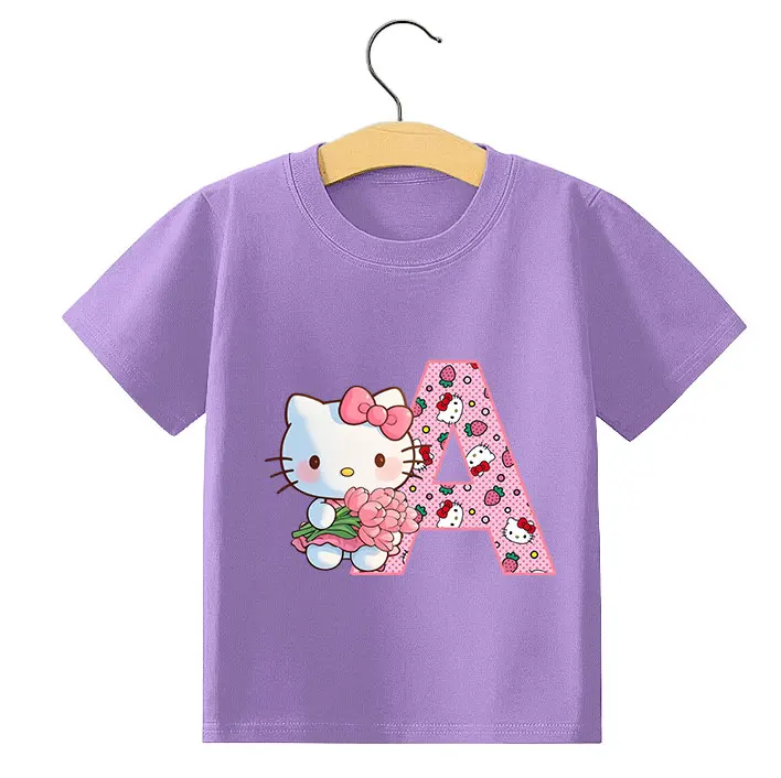 

Летняя футболка Sanrio Hello Kitty с буквенным принтом A-Z, детская одежда, модные рубашки, хлопковая одежда Y2K для девочек с круглым вырезом, уличная одежда