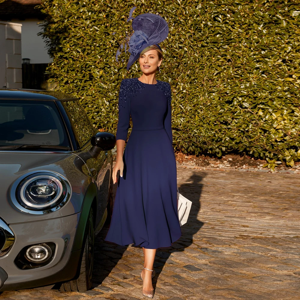 Élégantes robes de mère de la mariée bleu marine, col bijou, manches 3/4, fête de mariage, perles, longueur de thé, ligne A